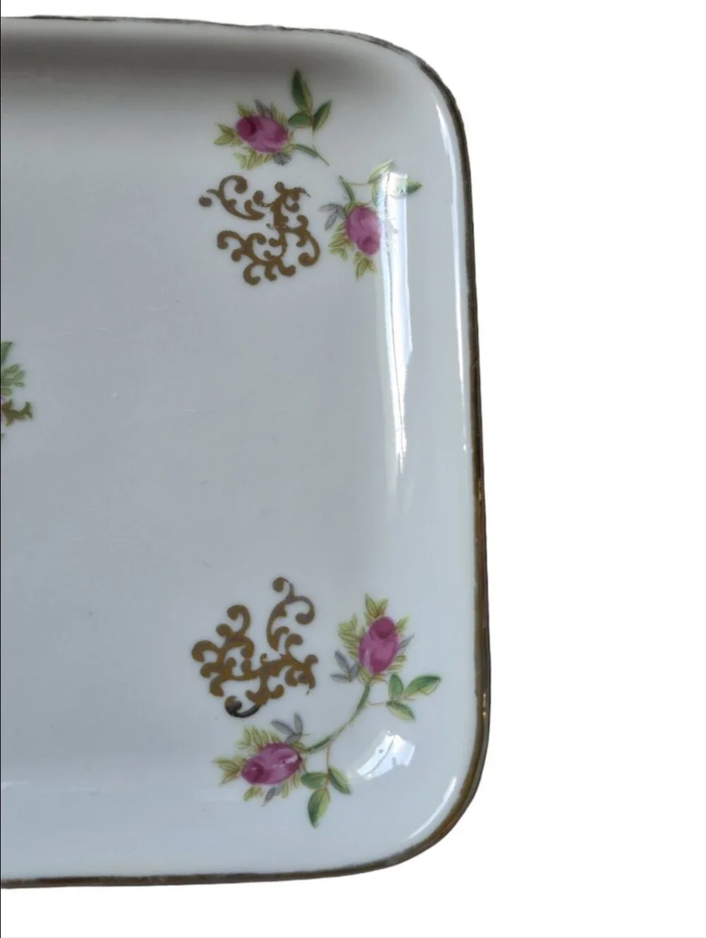 Floral I.W. Rice Company Pink Rose Gold-Accented Porcelain Dresser Tray